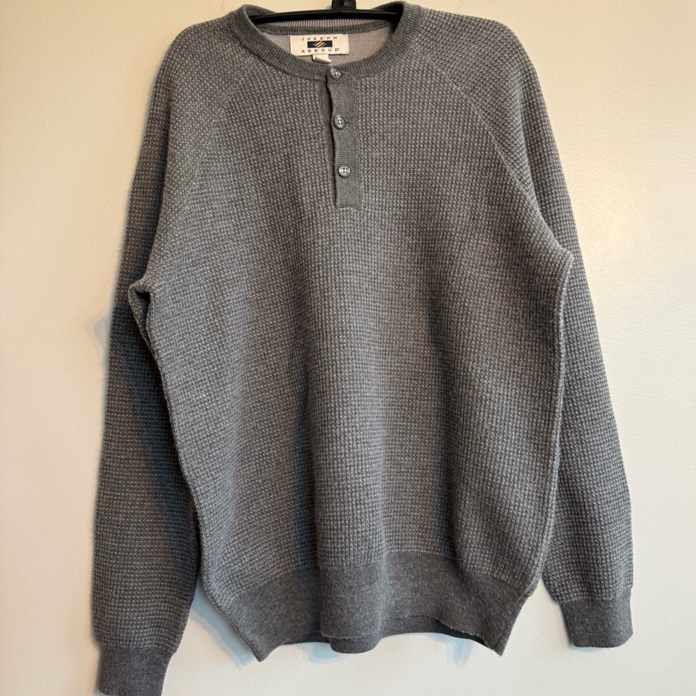 Joseph Abboud Henley Knit Sweater Men's Size Lg Long Sleeve Gray Merino Wool EUC